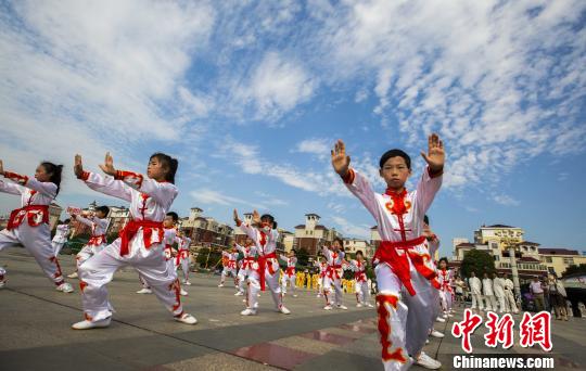 少年太極拳愛(ài)好者表演太極拳。　傅建斌　攝