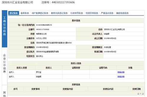 工商資料顯示，深圳市興匯全實業(yè)有限公司的經(jīng)營范圍包括，投資興辦實業(yè)（具體項目另行申報）；建筑材料、建筑設備、五金制品、機電制品、配電箱、電子產(chǎn)品、服裝、鞋帽的購銷；建筑設備、腳手架的租賃；信息咨詢（不含限制項目）；國內貿易，從事貨物及技術的進出口業(yè)務等。