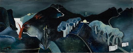 　　Tove Jansson， Mysterious Landscape， c。 1930， Oil on plywood， 61 x 152.5 cm， Ateneum Art Museum。 Photo： Finnish National Gallery / Hannu Aaltonen