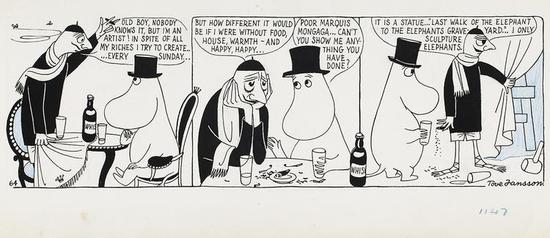 　　Tove Jansson， Comic strip Moomin on the Riviera， 1955， British Cartoon Archive， University of Kent。 Photo： Finnish National Gallery / Jenni Nurminen