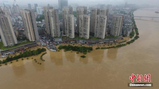 7月3日，因受連日暴雨影響，廣西柳江河柳州段出現(xiàn)超警戒水位。圖為被水淹的柳州市濱江東路。 王以照 攝