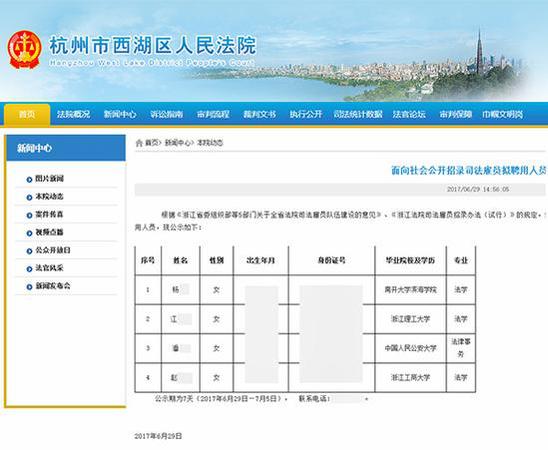 杭州一法院公示擬聘用人員身份證信息 官方:已撤下