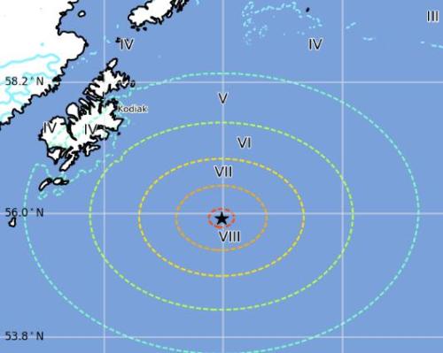 阿拉斯加地震可能波及的范圍示意圖。來源：美國地質(zhì)勘探局網(wǎng)站截圖。