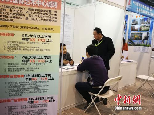 2018年北京春季綜合人才招聘會現(xiàn)場，一名男子在某企業(yè)展臺前咨詢。<a target='_blank' href='http://www.chinanews.com/' >中新網(wǎng)</a> 邱宇 攝