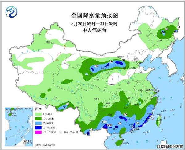 圖3 全國降水量預(yù)報(bào)圖(8月30日08時(shí)-31日08時(shí))