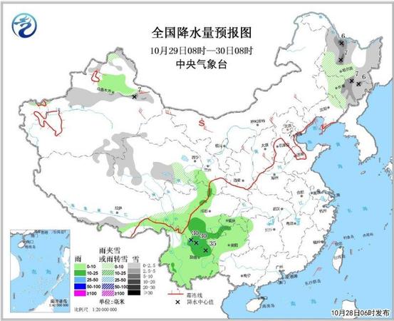 圖2全國(guó)降水量預(yù)報(bào)圖（10月29日08時(shí)-30日08時(shí)）