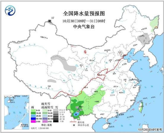 圖3 全國(guó)降水量預(yù)報(bào)圖（10月30日08時(shí)-31日08時(shí)）