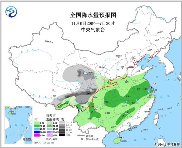 圖1 全國(guó)降水量預(yù)報(bào)圖（11月6日20時(shí)-7日20時(shí)）