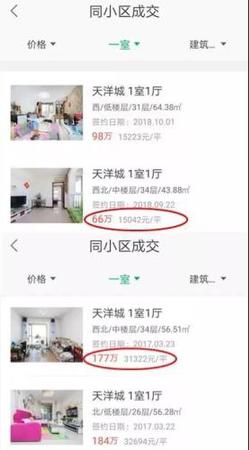與2017年3月相比，燕郊天洋城房?jī)r(jià)已經(jīng)“腰斬”。圖片來源：鏈家APP截圖