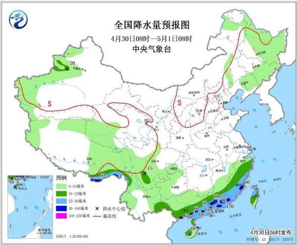 圖3 全國降水量預(yù)報圖(4月30日08時-5月1日08時)