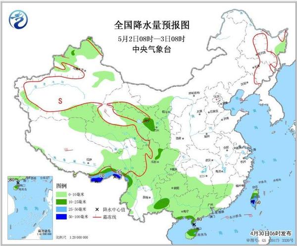 圖5 全國降水量預(yù)報圖(5月2日08時-3日08時)