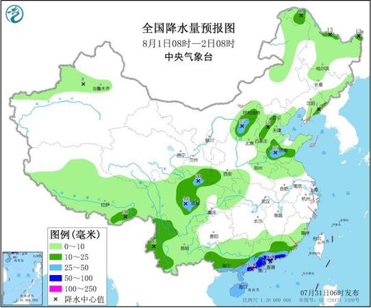 圖2 全國降水量預(yù)報(bào)圖（8月1日08時(shí)-2日08時(shí)）