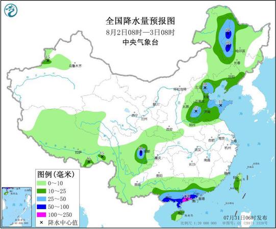 圖3 全國降水量預(yù)報(bào)圖（8月2日08時(shí)-3日08時(shí)）