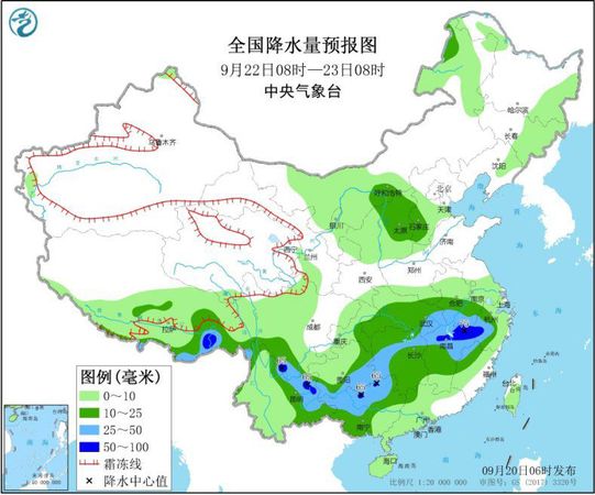 圖3 全國降水量預(yù)報圖(9月22日08時-23日08時)